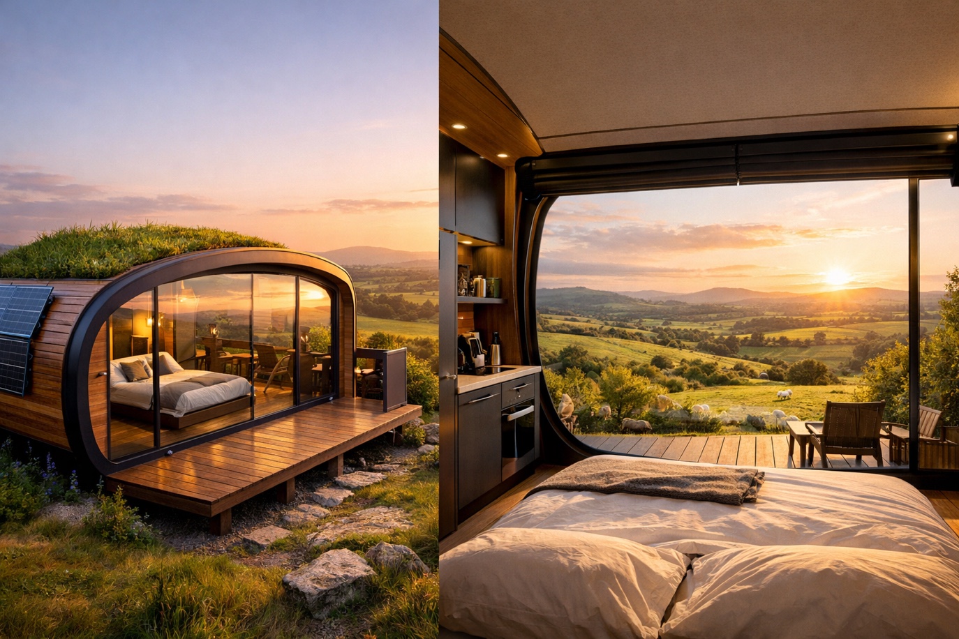 Modern eco-pod farm accommodation with countryside views